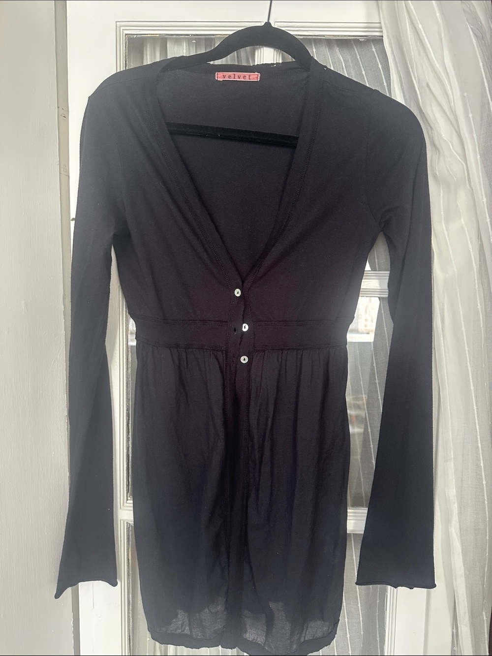 Velvet Black Long-Sleeve V-Neck Top with Button Front